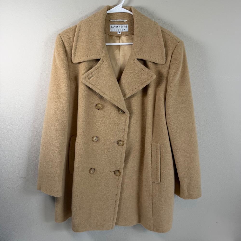 Larry Levine 100% Camel Hair Coat 14 Tan Double Breasted Quiet Luxury Old Money